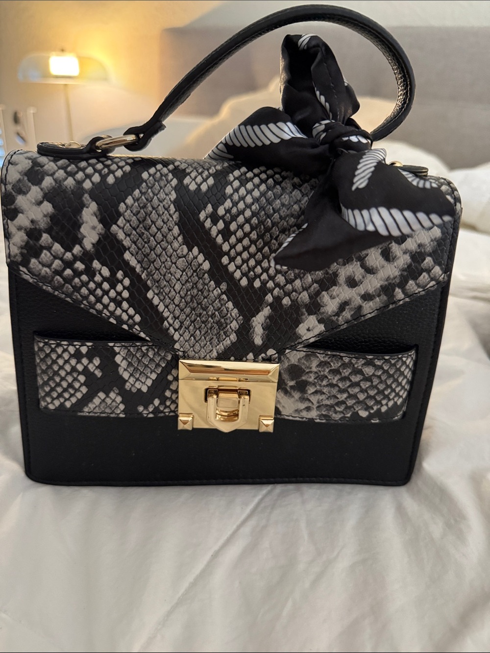 Aldo Black and Gray Snake-Print Top Handle Satchel with Gold Accent